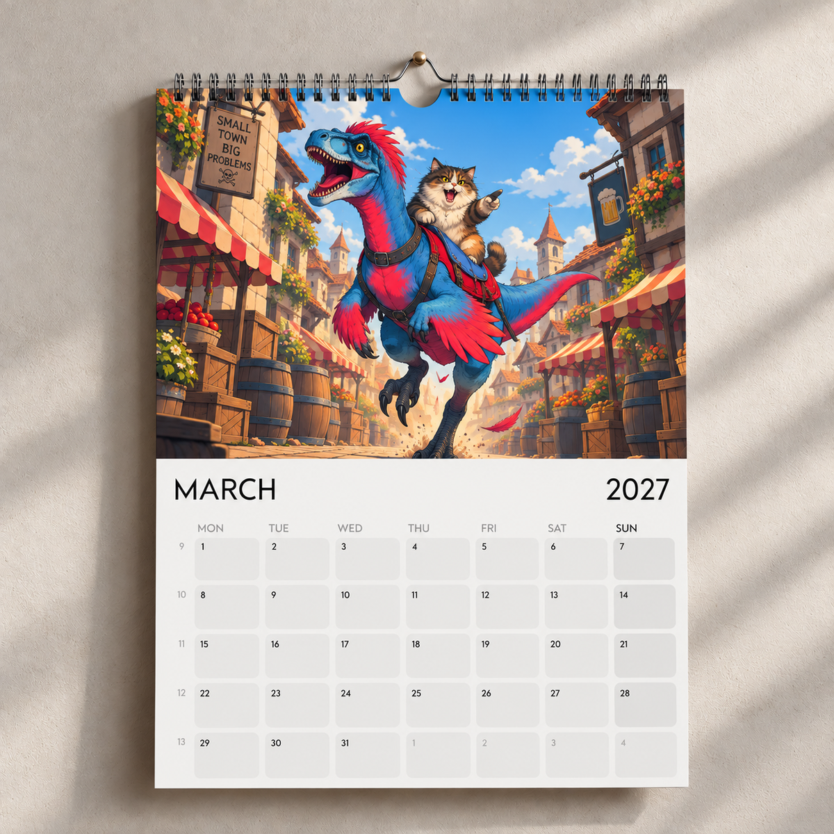March 2027 calendar page showing Princess Donut riding Mongo through a village.