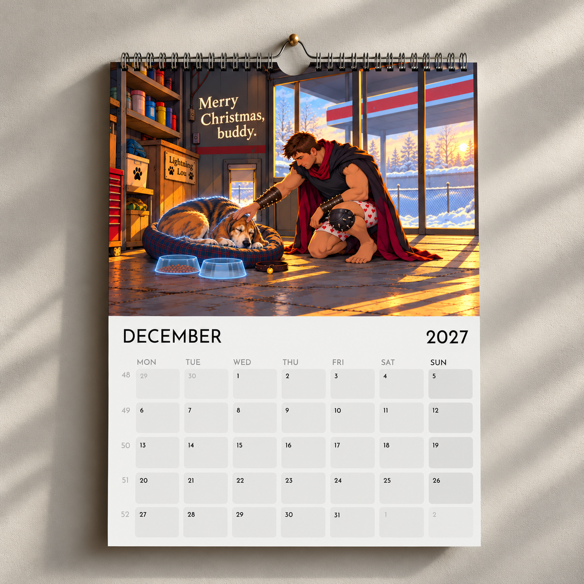 December 2027 calendar page showing Carl stroking Princess Donut beside a snowy window.