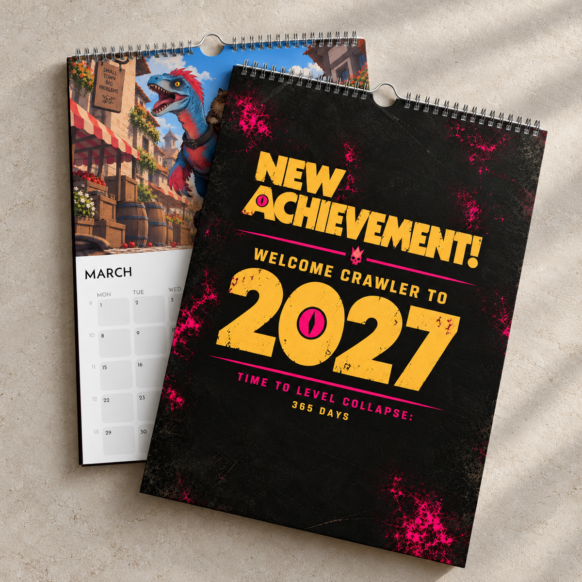 Dungeon Crawler Carl 2027 wall calendar cover beside the illustrated March page.