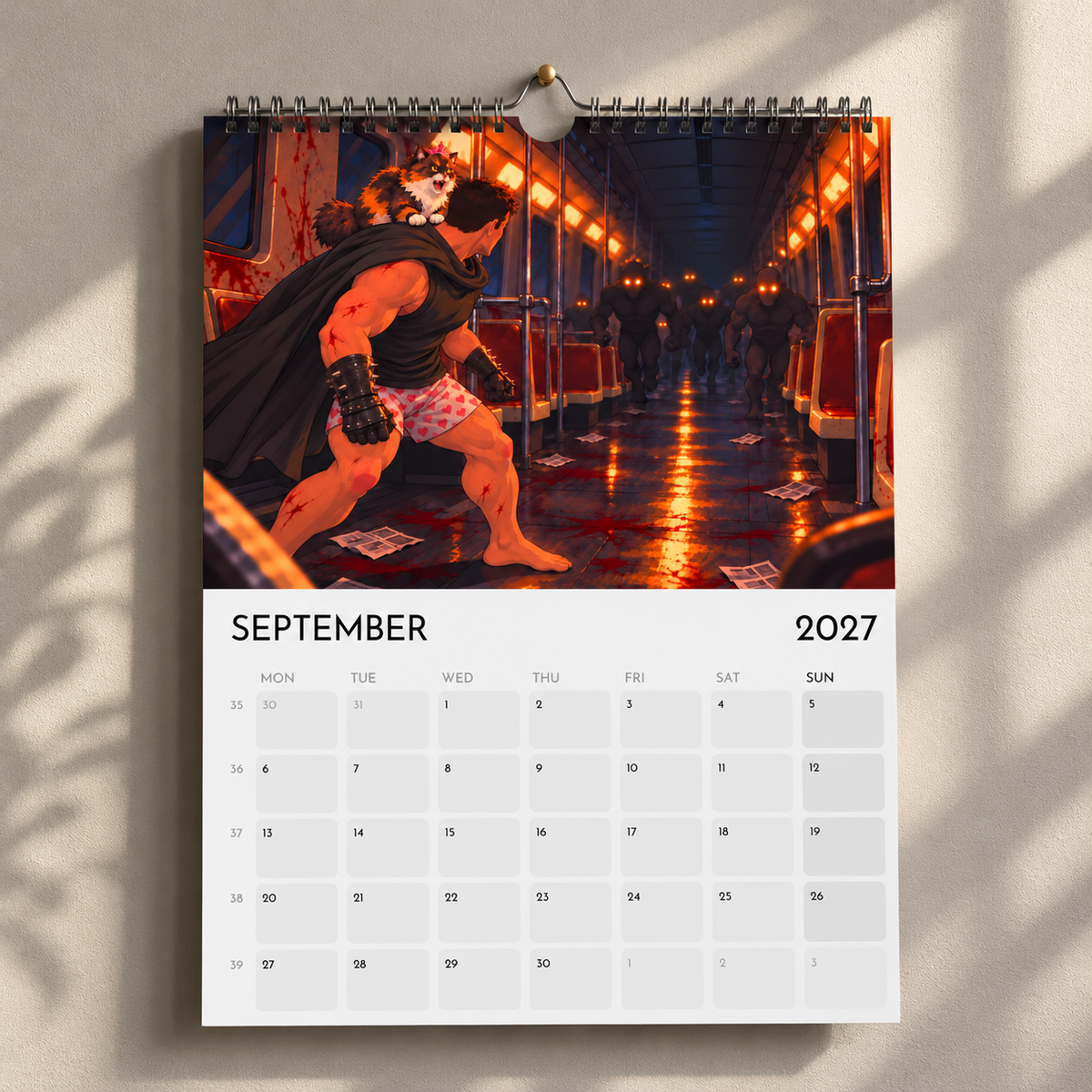September 2027 calendar page showing Carl and Princess Donut inside a dimly lit train.
