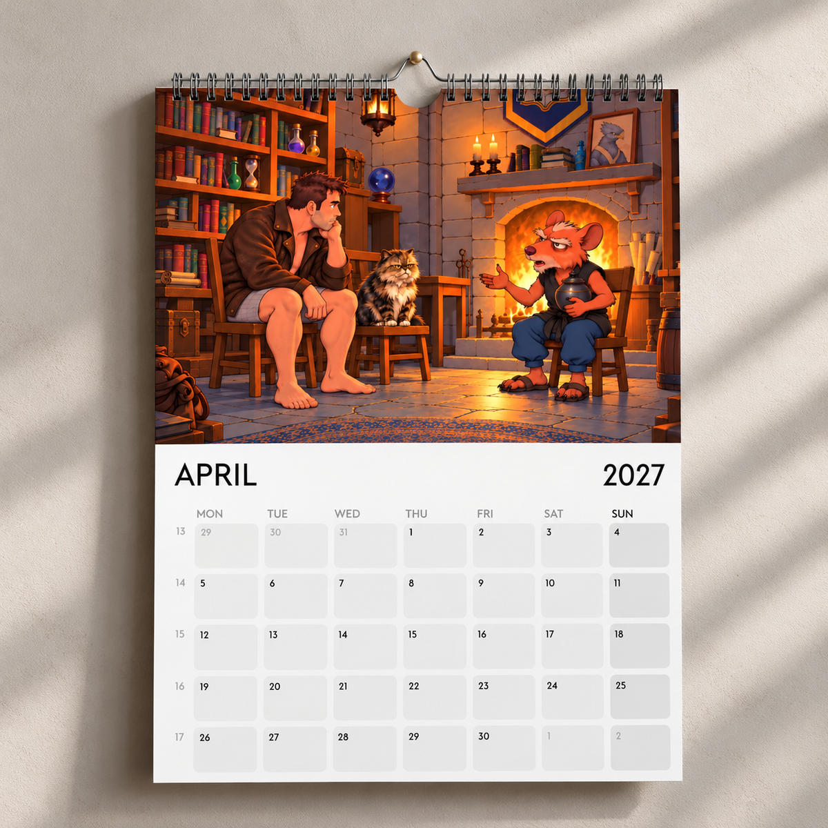 April 2027 calendar page showing Carl, Princess Donut and a rat-like character beside a fireplace.
