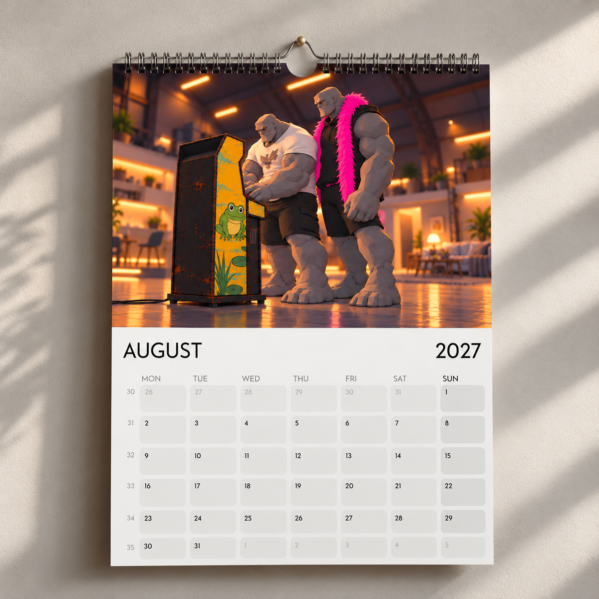 August 2027 calendar page showing two large grey characters playing an arcade game.