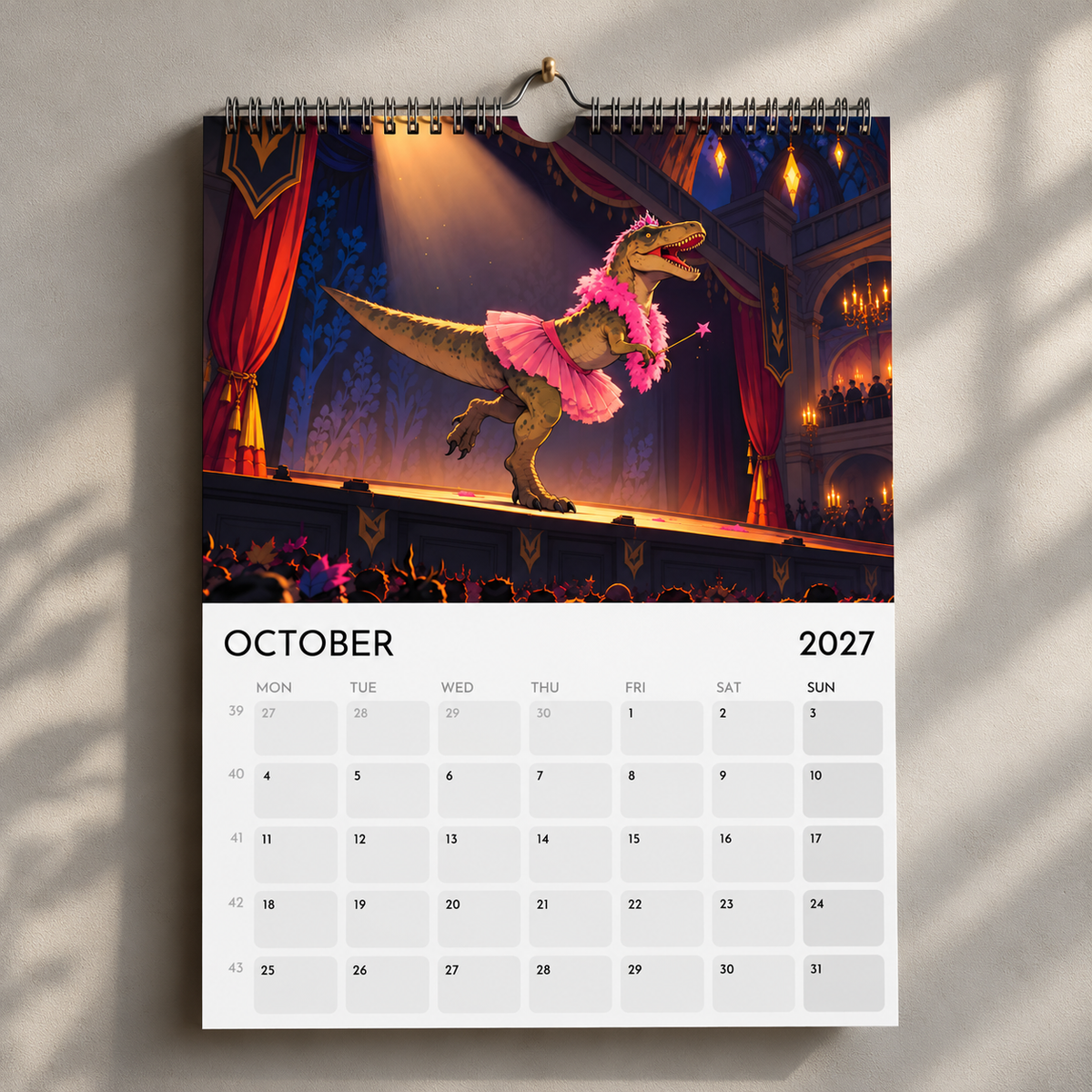 October 2027 calendar page showing Mongo in a pink tutu performing on a theatre stage.