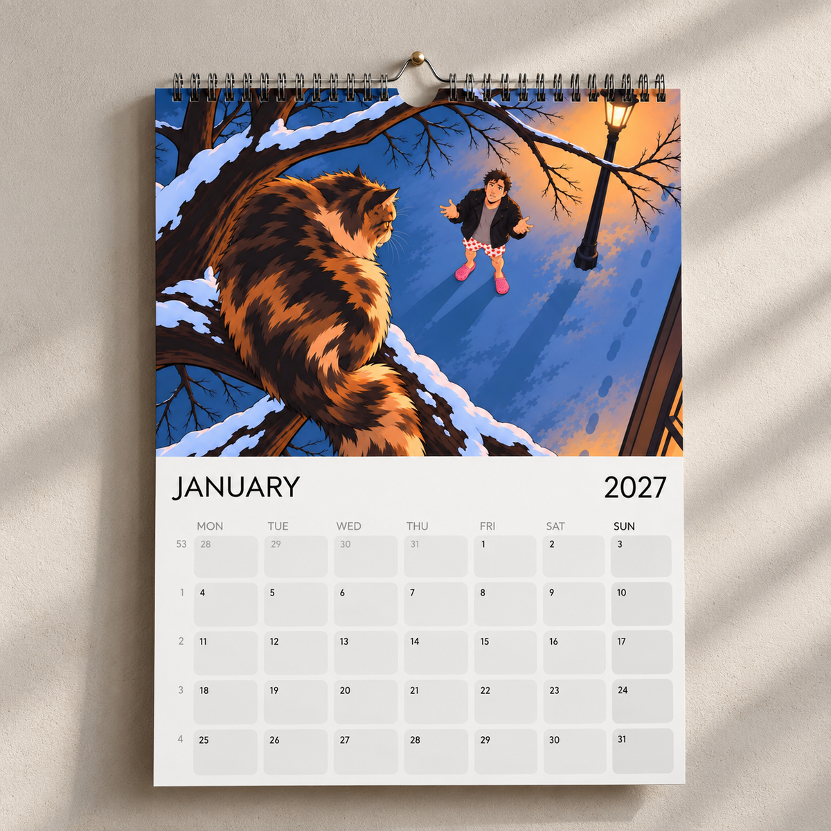 January 2027 calendar page showing Princess Donut in a snowy tree above Carl.
