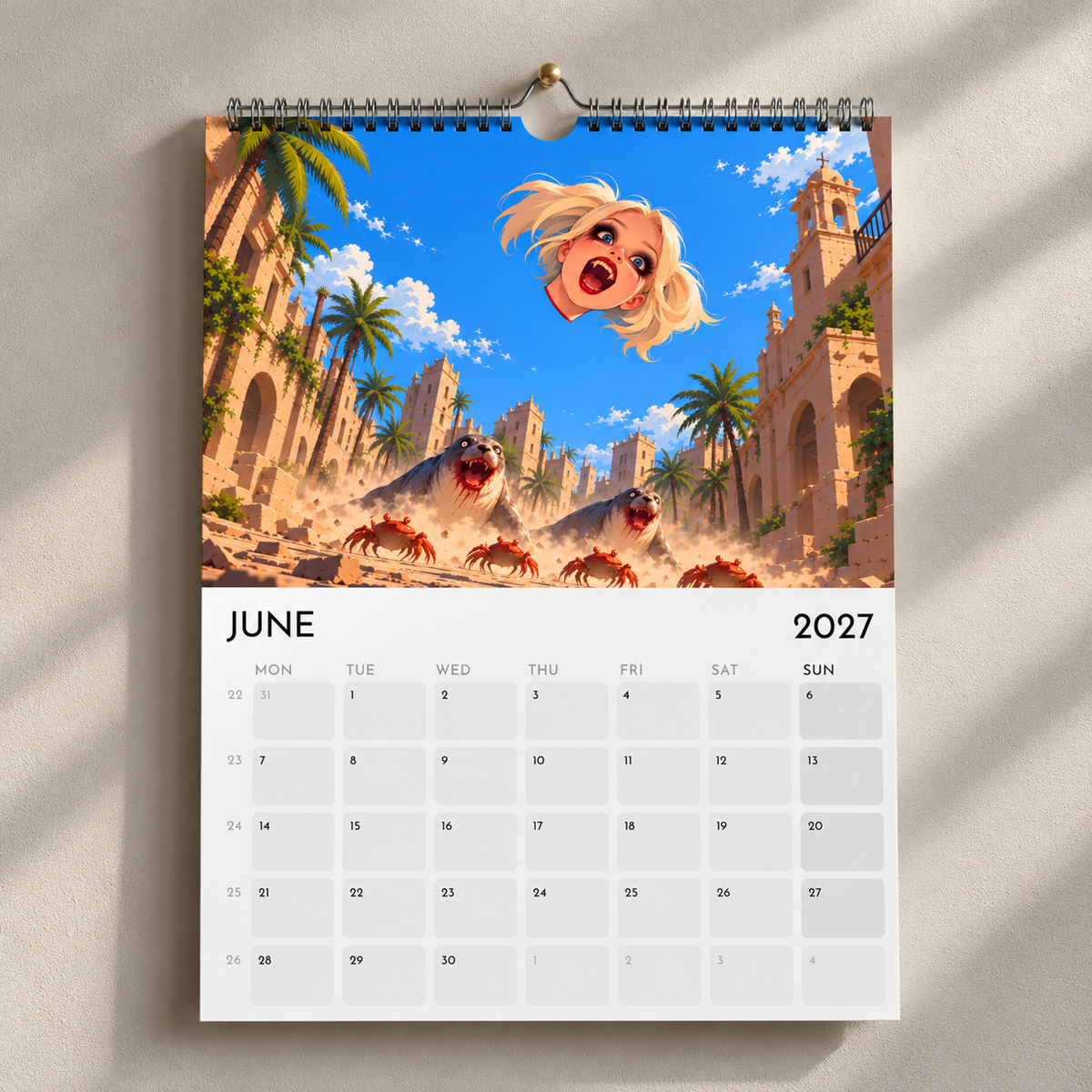 June 2027 calendar page showing Samantha’s doll head flying above creatures in a sunlit city.