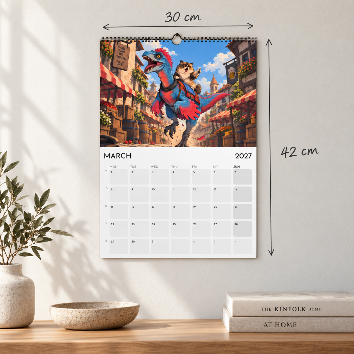 Dungeon Crawler Carl wall calendar above a console table, with dimensions marked 30 × 42 cm.
