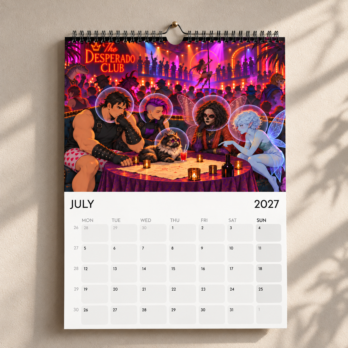 July 2027 calendar page showing Carl, Princess Donut and companions at a Desperado Club table.