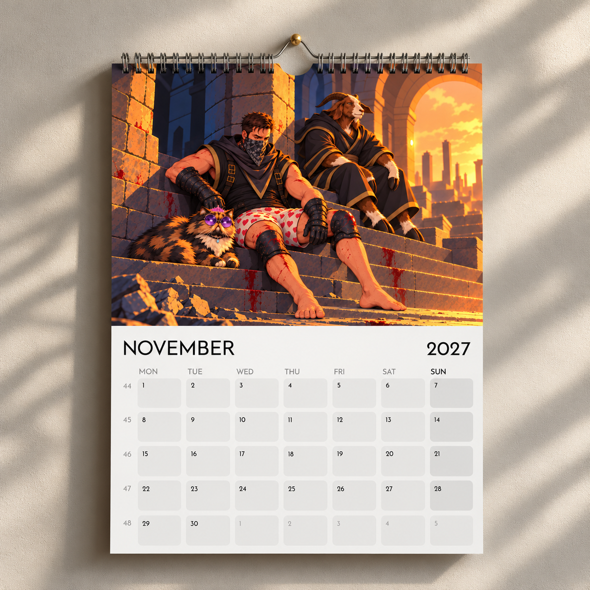 November 2027 calendar page showing Carl, Princess Donut and a robed companion resting on stone steps.