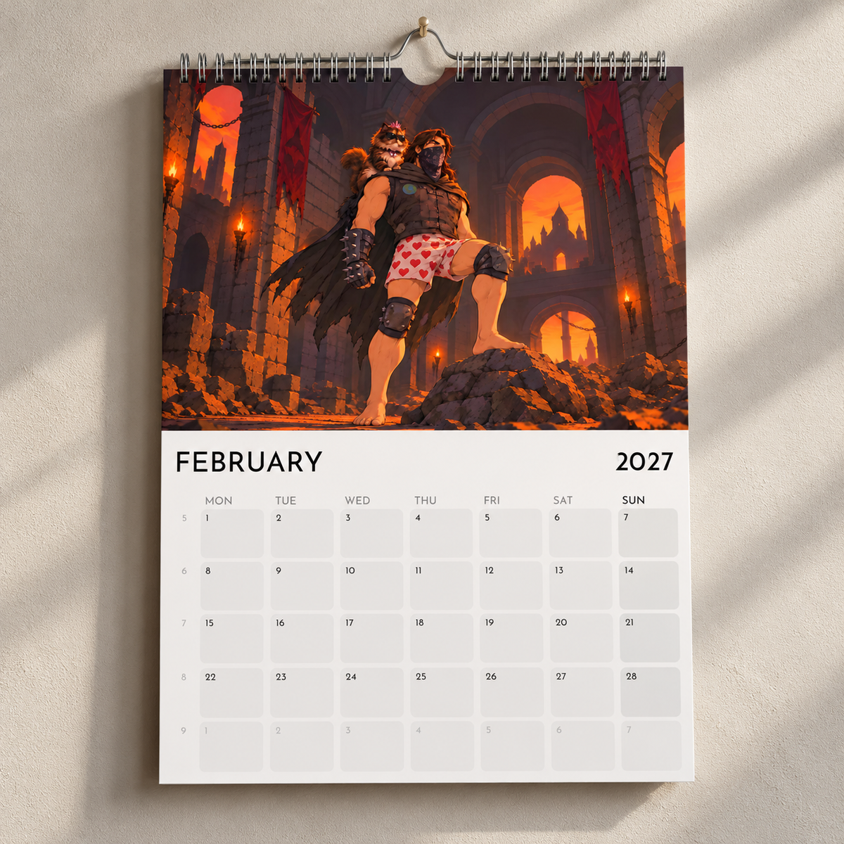 February 2027 calendar page showing Carl and Princess Donut in a firelit dungeon.